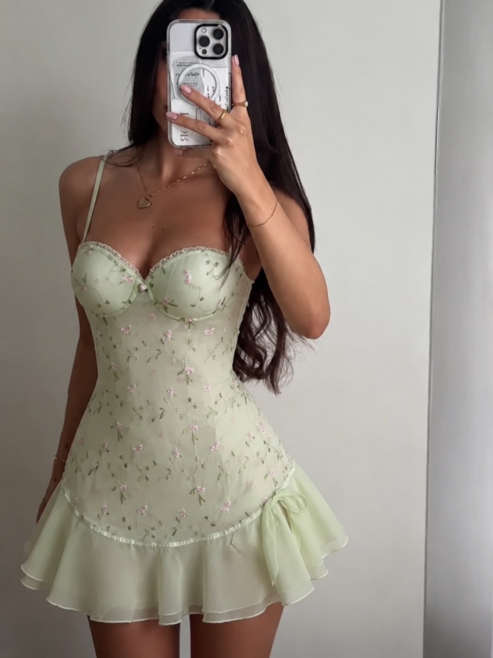 Vintage Light Green Floral Embroidered Slip Dress